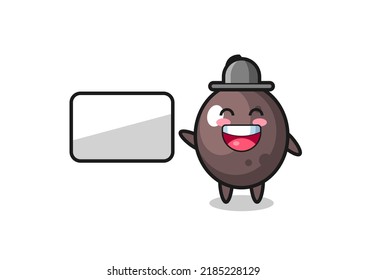 black olive cartoon illustration doing a presentation , cute style design for t shirt, sticker, logo element