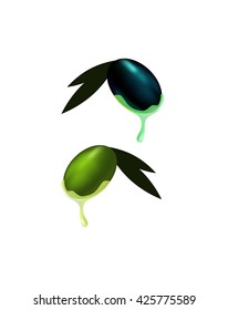 Black olive and green olive with leaf