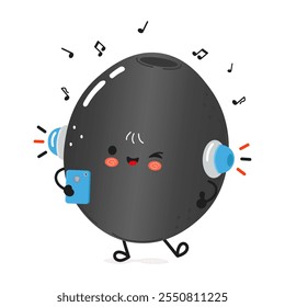 Black Olive listens to music on headphones with a smartphone. Vector hand drawn cartoon kawaii character illustration icon. Cute Black Olive character enjoying music on a smartphone