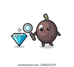 black olive mascot is checking the authenticity of a diamond , cute style design for t shirt, sticker, logo element