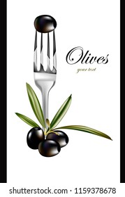 
Black olive on the fork. Label.