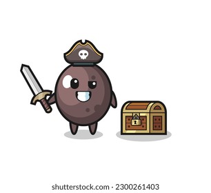 the black olive pirate character holding sword beside a treasure box , cute style design for t shirt, sticker, logo element