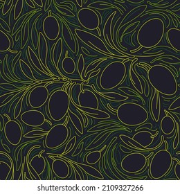 Black olive print. Single line neon abstract background. Vector branch, green leaves. Graphic illustration. Greek decor