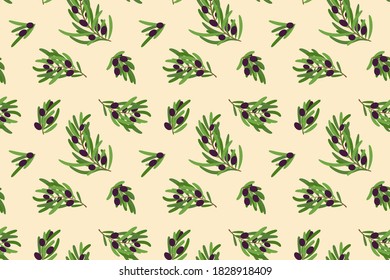 Black olive seamless pattern. Hand-drawn fresh fruits. Vector sketch background. Colored doodle wallpaper. Natural print