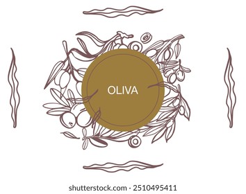 Colección de elemento de boceto de oliva negra, ramas de olivo aisladas sobre un fondo verde, hojas, aceitunas, Vector dibujado a mano conjunto.	