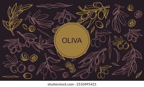 Black olive sketch element collection, olive branches isolated on a green background, leaves, olives, vector hand drawn set.	
