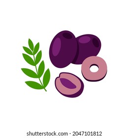 Black Olive whole and cut pieces vector illustration isolated on white background