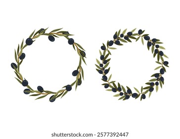 Black olive wreath. Round foliated frame with olives. Plant wreaths. Space for Text, photo. Card template for Wedding, Invitation, Greeting. Tree branches.