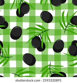 Black olives branch cartoon seamless pattern, vector illustration isolated on white background. Colorful fresh organic healthy olive oil concept. Logo branding design element. Fabric print template.