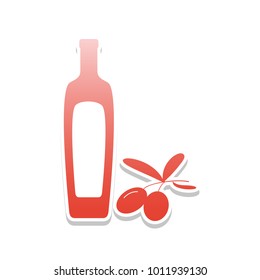 Black olives branch with olive oil bottle sign. Vector. Reddish icon with white and gray shadow on white background. Isolated.