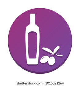 Black olives branch with olive oil bottle sign. Vector. White icon with flat shadow on purpureus circle at white background. Isolated.