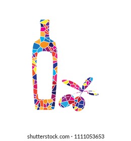 Black olives branch with olive oil bottle sign. Vector. Stained glass icon on white background. Colorful polygons. Isolated.