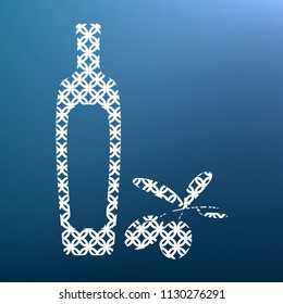 Black olives branch with olive oil bottle sign. Vector. White textured icon at lapis lazuli gradient background.