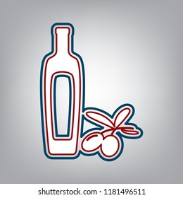 Black olives branch with olive oil bottle sign. Vector. Dark red, transparent and midnight green stroke of white icon at grayish background.