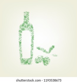 Black olives branch with olive oil bottle sign. Vector. Green hexagon rastered icon and noised opacity and size at light green background with central light.