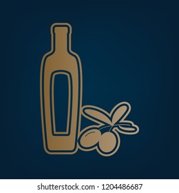 Black olives branch with olive oil bottle sign. Vector. Golden icon and border at dark cyan background.