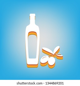Black olives branch with olive oil bottle sign. Vector. White icon with 3d warm-colored gradient body at sky blue background.