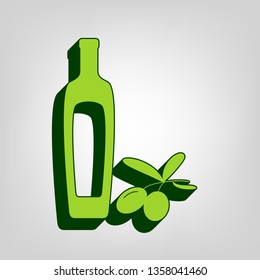 Black olives branch with olive oil bottle sign. Vector. Yellow green solid icon with dark green external body at light colored background.