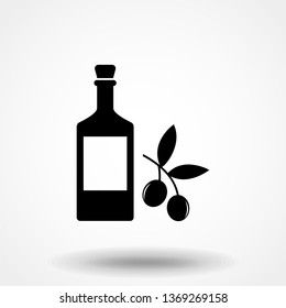 Black olives branch with olive oil bottle sign. Flat style icon on white background