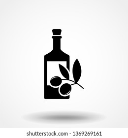 Black olives branch with olive oil bottle sign. Flat style icon on white background