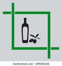 Black olives branch with olive oil bottle sign. Black icon inside green crop tool at light gray background