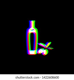 Black olives branch with olive oil bottle sign. Red, green and blue unfocused contour icon at black background. Illustration.