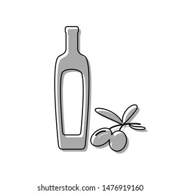 Black olives branch with olive oil bottle sign. Black line icon with gray shifted flat filled icon on white background. Illustration.