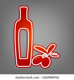 Black olives branch with olive oil bottle sign. Flat red icon with linear white icon with gray shadow at grayish background. Illustration.