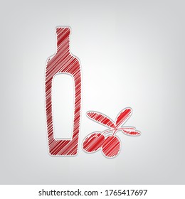 Black olives branch with olive oil bottle sign. Red gradient scribble Icon with artistic contour gray String on light gray Background. Illustration.