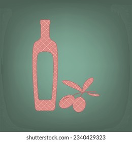 Black olives branch with olive oil bottle sign. Apricot Icon with Brick Red parquet floor graphic pattern on a Ebony background. Feldgrau. Green. Illustration.
