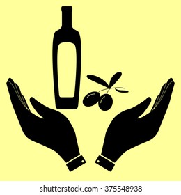 Black olives branch with olive oil bottle sign. Flat style icon vector illustration.