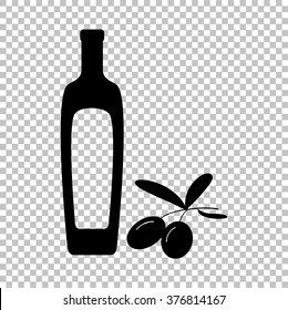 Black olives branch with olive oil bottle sign. Flat style icon on transparent background