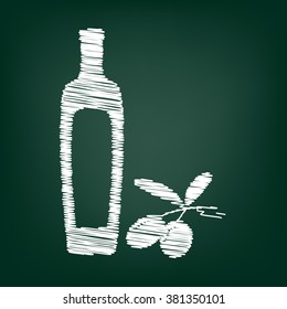 Black olives branch with olive oil bottle sign. Flat style icon with chalk effect