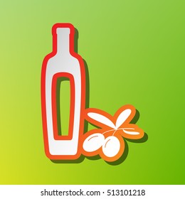 Black olives branch with olive oil bottle sign. Contrast icon with reddish stroke on green background.