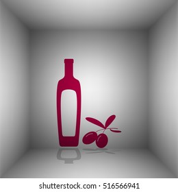 Black olives branch with olive oil bottle sign. Bordo icon with shadow in the room.