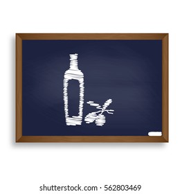 Black olives branch with olive oil bottle sign. White chalk icon on blue school board with shadow as background. Isolated.