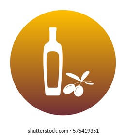 Black olives branch with olive oil bottle sign. White icon in circle with golden gradient as background. Isolated.