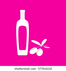 Black olives branch with olive oil bottle sign. White icon at magenta background.