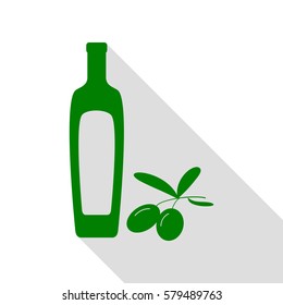 Black olives branch with olive oil bottle sign. Green icon with flat style shadow path.