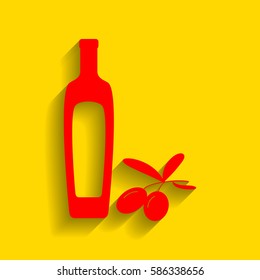 Black olives branch with olive oil bottle sign. Vector. Red icon with soft shadow on golden background.