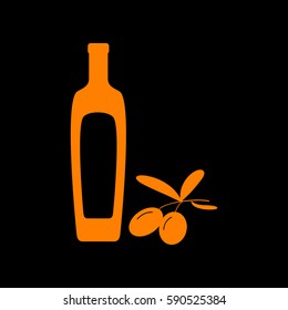 Black olives branch with olive oil bottle sign. Orange icon on black background.