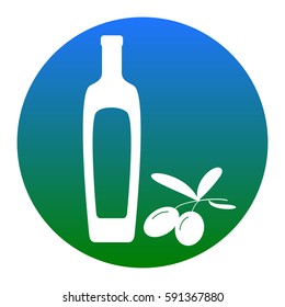 Black olives branch with olive oil bottle sign. Vector. White icon in bluish circle on white background. Isolated.