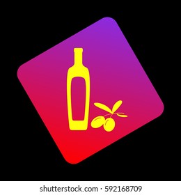 Black olives branch with olive oil bottle sign. Vector. Yellow icon at violet-red gradient square with rounded corners rotated for dynamics on black background.