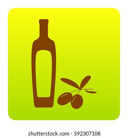 Black olives branch with olive oil bottle sign. Vector. Brown icon at green-yellow gradient square with rounded corners on white background. Isolated.