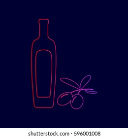 Black olives branch with olive oil bottle sign. Vector. Line icon with gradient from red to violet colors on dark blue background.