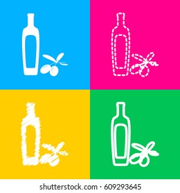 Black olives branch with olive oil bottle sign. Four styles of icon on four color squares.