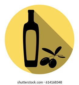 Black olives branch with olive oil bottle sign. Vector. Flat black icon with flat shadow on royal yellow circle with white background. Isolated.