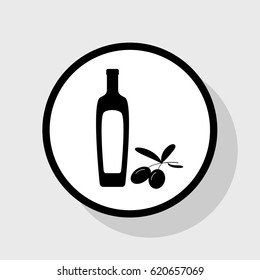 Black olives branch with olive oil bottle sign. Vector. Flat black icon in white circle with shadow at gray background.