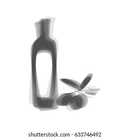 Black olives branch with olive oil bottle sign. Vector. Gray icon shaked at white background.