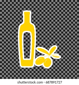 Black olives branch with olive oil bottle sign. Vector. Yellow icon with white contour on dark transparent background.